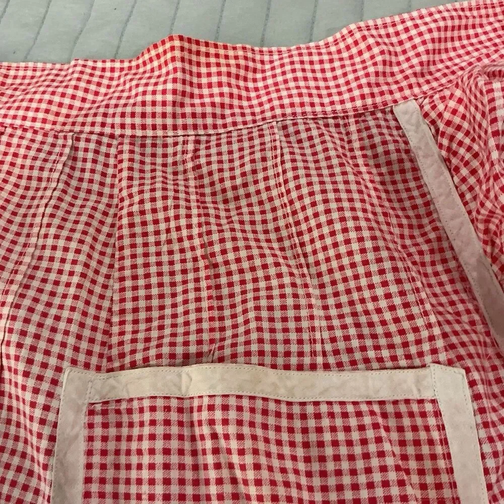 Vintage Red White Gingham Half Apron Ruffle Hem 2 Pockets 75” Waist Tie